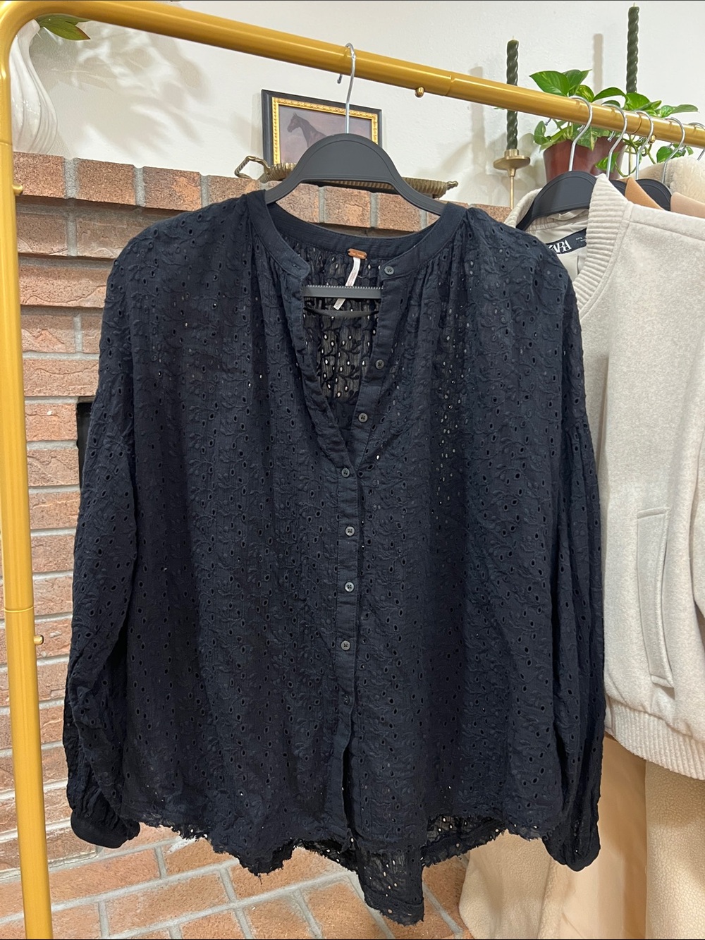 Free People Maddison Eyelet Black Eyelet Button-Down Blouse